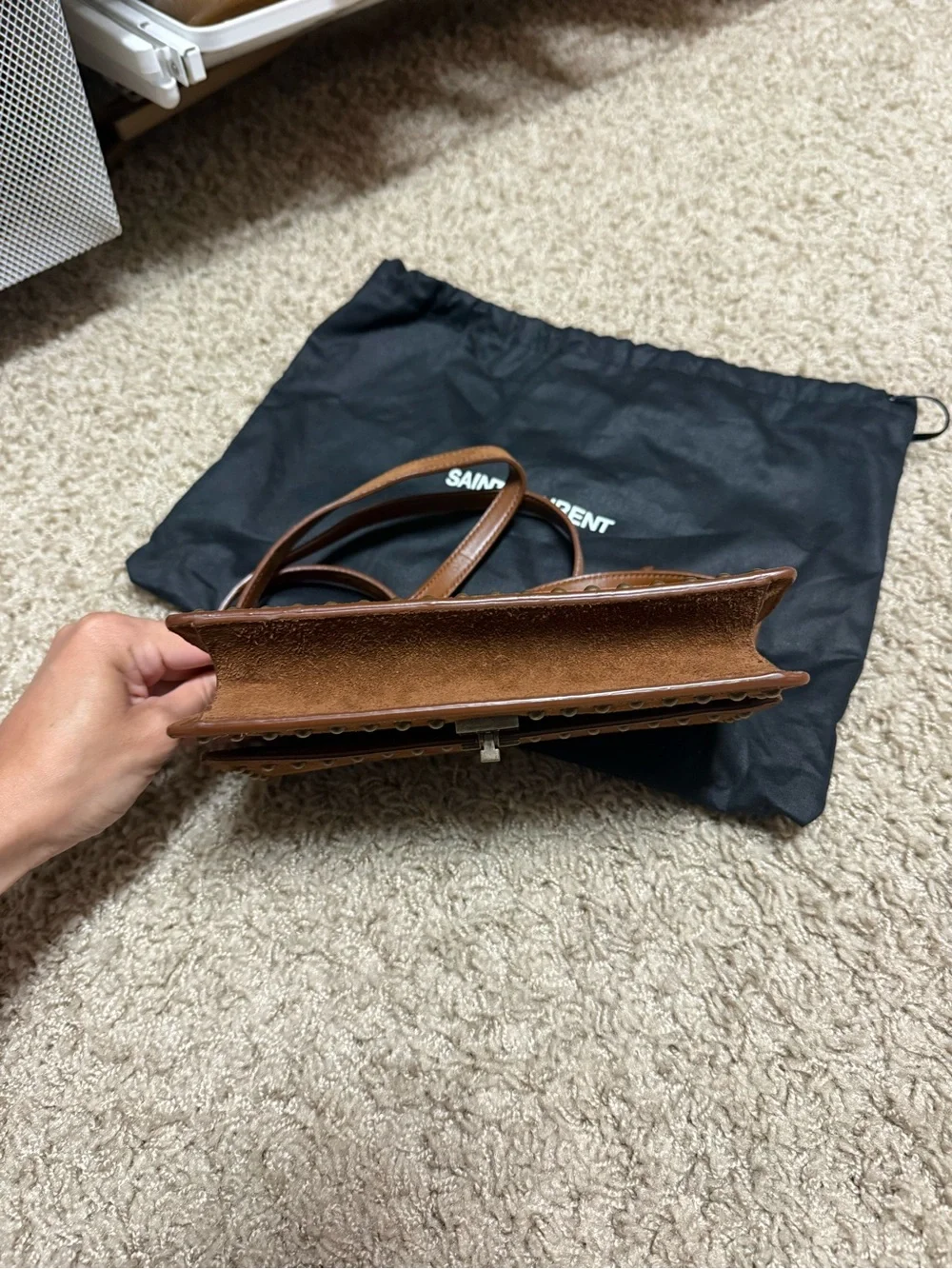 Saint Laurent Brown Suede Studded Crossbody Bag with Brass Hardware